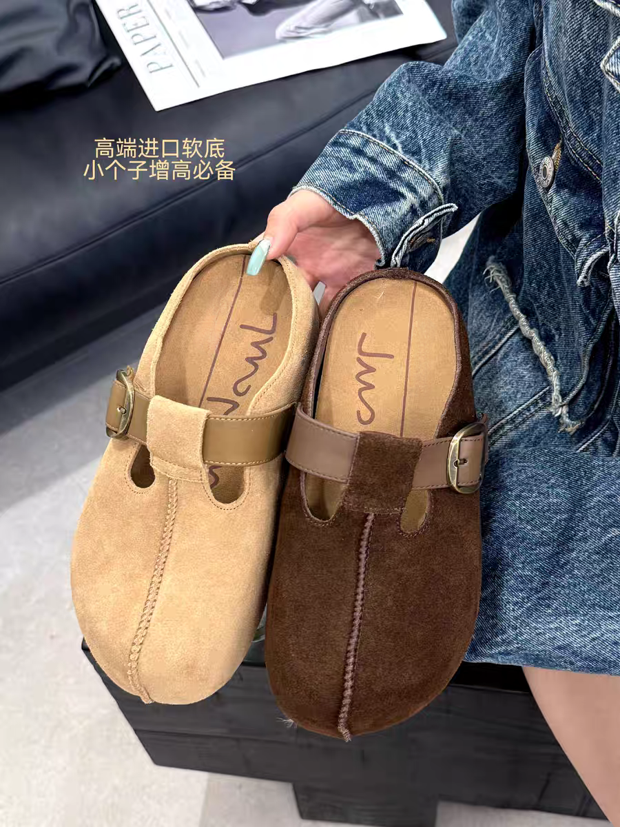 高端真皮皮带扣包头博肯拖鞋内增高软底穆勒鞋女复古厚底拖鞋