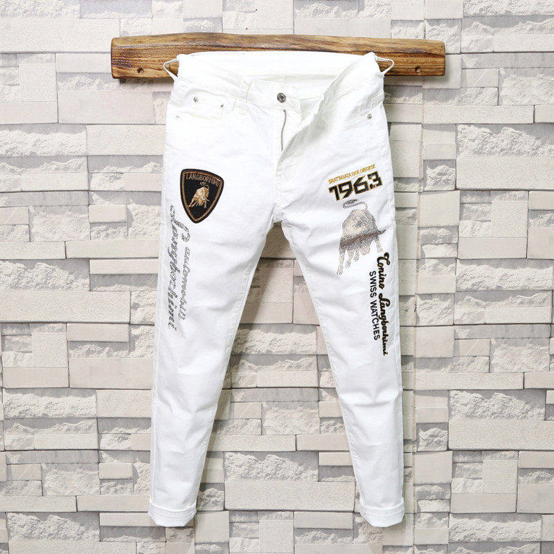 欧洲站高档刺绣烫钻印花男士牛仔裤白色修身型潮流弹力小脚长裤子,男装,牛仔裤,淘宝优惠券,粉丝福利购,淘宝优惠卷