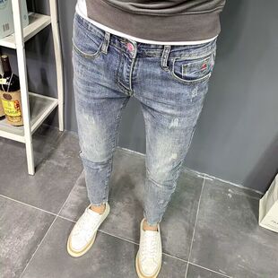 刺绣浅色牛仔裤男复古潮牌修身小脚夏季新款韩版潮流休闲九分裤子