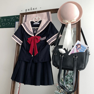 jk原创蕙兰中绀色水手服学院风校供制服百褶裙套装女川岛私立学院