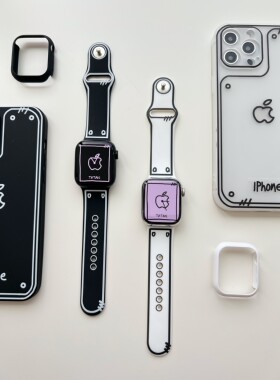 漫画可爱涂鸦风黑白硅胶表带适用苹果手表iwatch8代765创意腕带se
