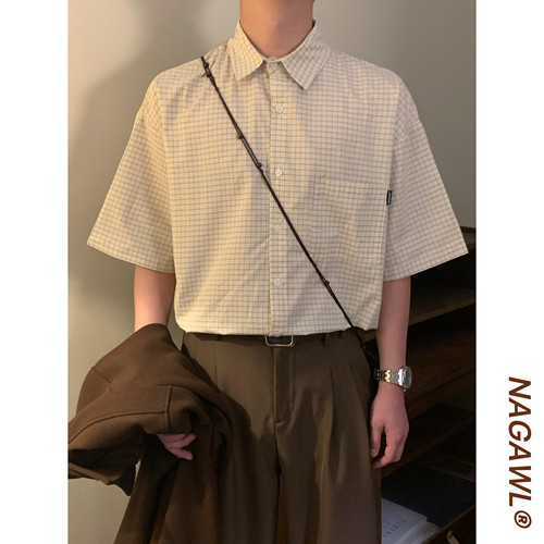 NAGAWL2026夏季日系cityboy格纹衬衫男垂感宽松休闲潮牌短袖上衣