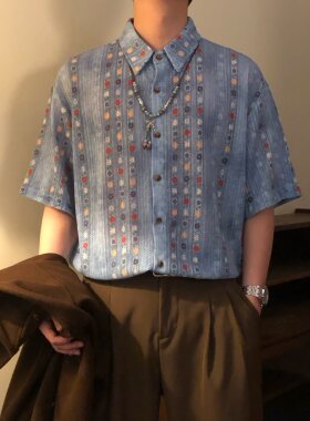 NAGAWL2026夏季美式复古民族风提花衬衫男宽松百搭款潮牌短袖上衣