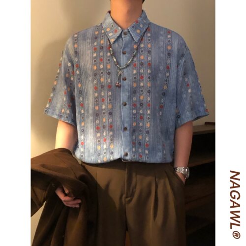 NAGAWL2026夏季美式复古民族风提花衬衫男宽松百搭款潮牌短袖上衣