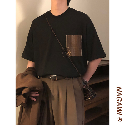 NAGAWL夏季美式复古贴布设计感口袋宽松休闲圆领短袖T恤上衣男女