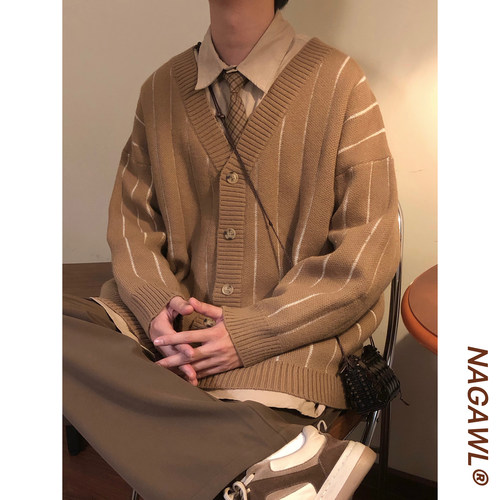 NAGAWL秋冬美式复古宽松撞色学院条纹松弛感V领针织开衫毛衣外套