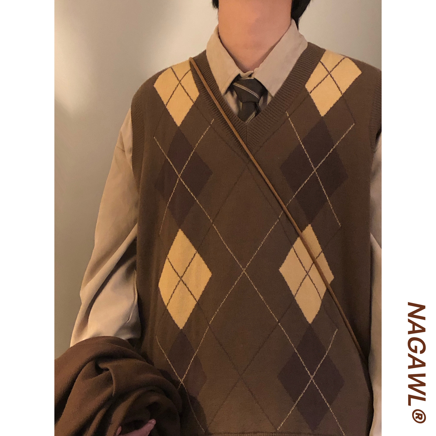 NAGAWL秋冬美式复古学院风V领菱格叠穿马甲针织衫背心无袖毛衣男