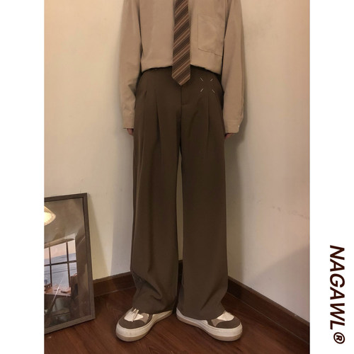 NAGAWL2025春美式复古褶皱设计感街头纯色宽松休闲百搭直简长裤男