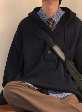 NAGAWL2025秋冬美式复古学院风设计感半开领连帽套头针织衫毛衣男