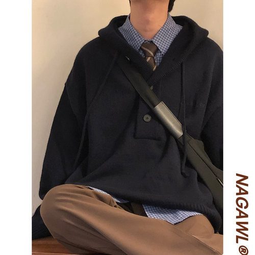 NAGAWL2026秋冬美式复古学院风设计感半开领连帽套头针织衫毛衣男