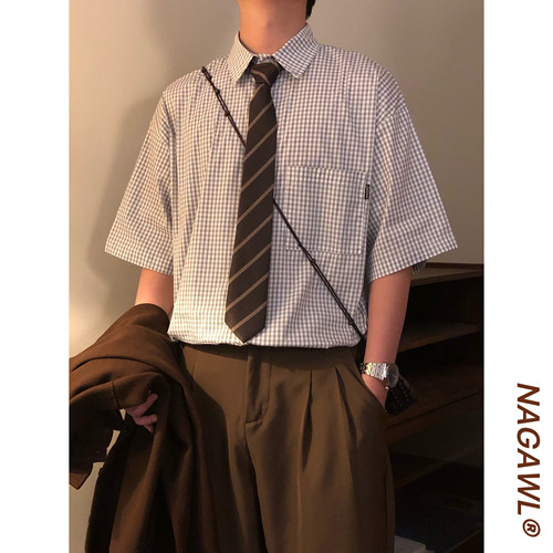 NAGAWL2026夏季日系cityboy格纹衬衫男垂感宽松休闲潮牌短袖上衣