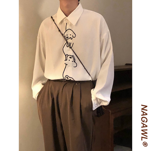 NAGAWL2026日系学院风小狗刺绣长袖衬衫男秋季宽松款翻领休闲上衣