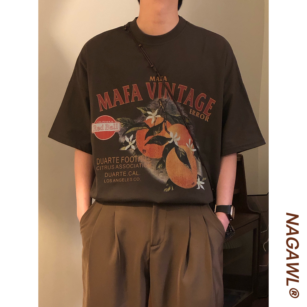 NAGAWL2025春季美式复古宽松潮牌美拉德印花设计感短袖T恤上衣男