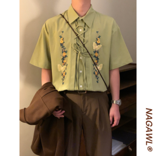 NAGAWL2026夏季美式复古蝴蝶花卉刺绣衬衫男宽松百搭潮牌短袖上衣