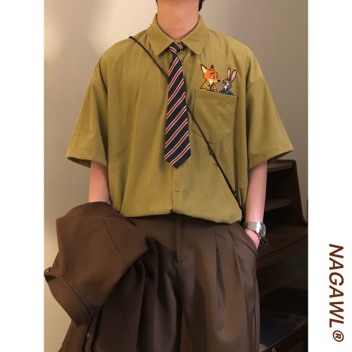 NAGAWL2026夏季灯芯绒卡通刺绣短袖衬衫男女款复古学院风潮牌上衣
