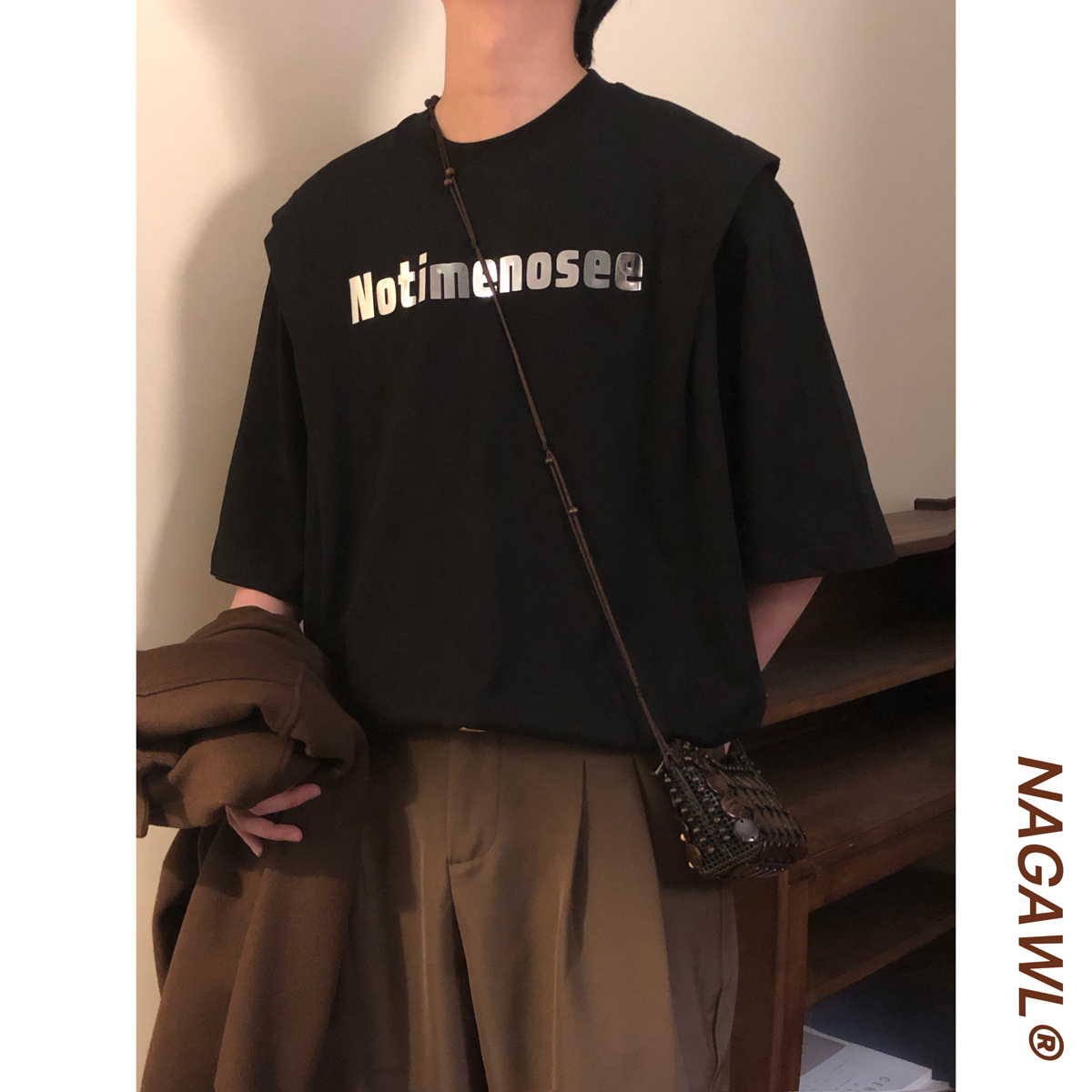 NAGAWL夏季美式复古潮牌街头金属烫片字母痞帅圆领短袖T恤上衣男