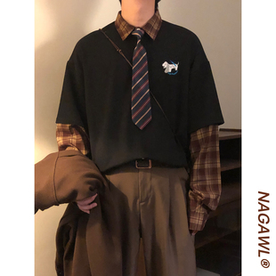 NAGAWL早秋美式 T恤上衣 复古学院风宽松拼接格子假两件长袖 polo衫