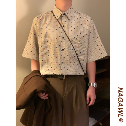 NAGAWL2026夏季美式复古爱心格纹衬衫男趣味印花宽松休闲短袖上衣