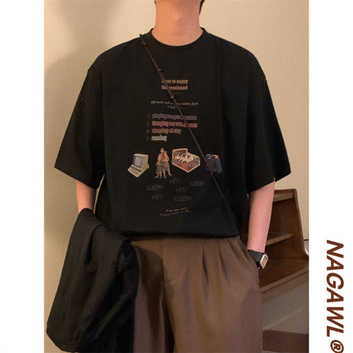 NAGAWL2025夏季宽松美式复古潮牌印花设计感宽松圆领短袖T恤酷男
