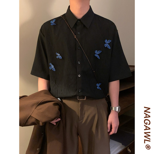 NAGAWL2026夏季美式复古学院风立体蝴蝶衬衫男宽松款潮牌短袖上衣