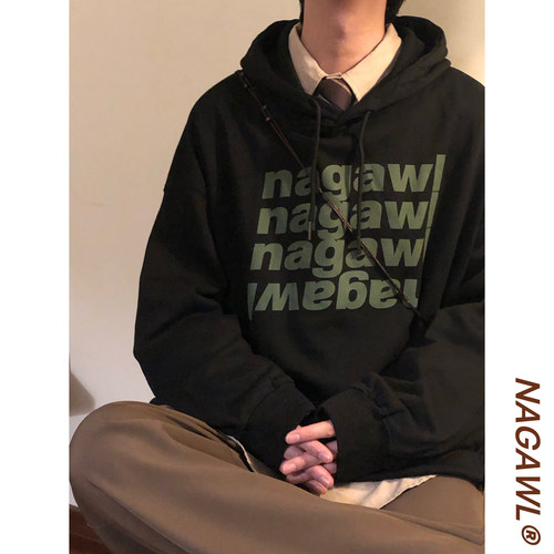 NAGAWL冬季美式慵懒风休闲复古宽松印花高级感连帽套头卫衣外套男