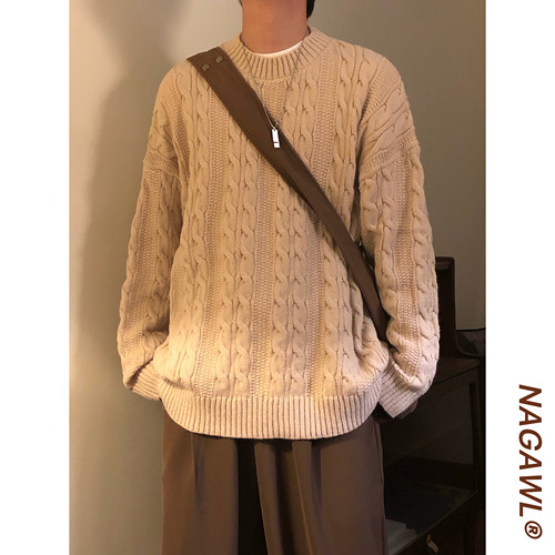 NAGAWL美式复古绞花设计圆领毛衣秋冬新款纯色宽松休闲针织衫男女