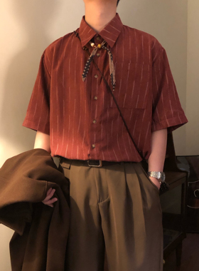 NAGAWL2026夏季美式复古学院风酒红条纹衬衫男女宽松百搭潮牌衬衣