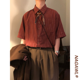 NAGAWL2026夏季美式复古学院风酒红条纹衬衫男女宽松百搭潮牌衬衣