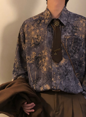 NAGAWL秋季美式复古潮牌新中式休闲蒲公英印花紫色长袖衬衫上衣男