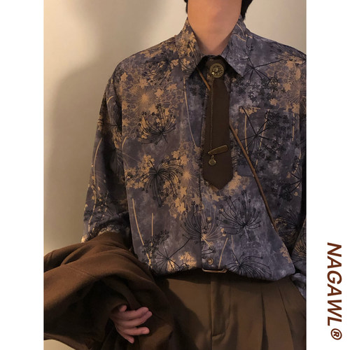 NAGAWL秋季美式复古潮牌新中式休闲蒲公英印花紫色长袖衬衫上衣男