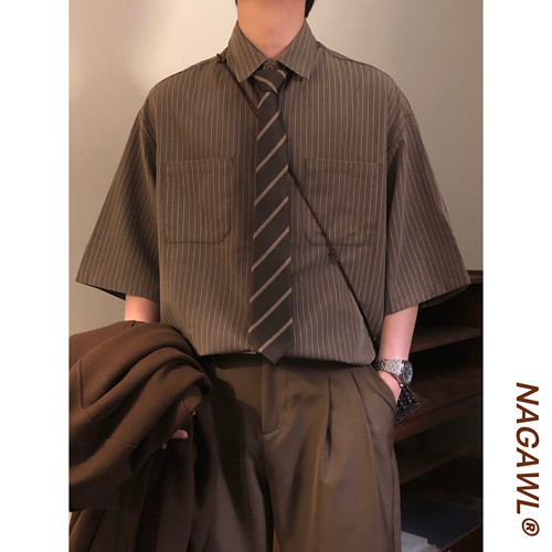 NAGAWL夏季美式复古学院风条纹短袖衬衫男女宽松百搭休闲潮牌上衣