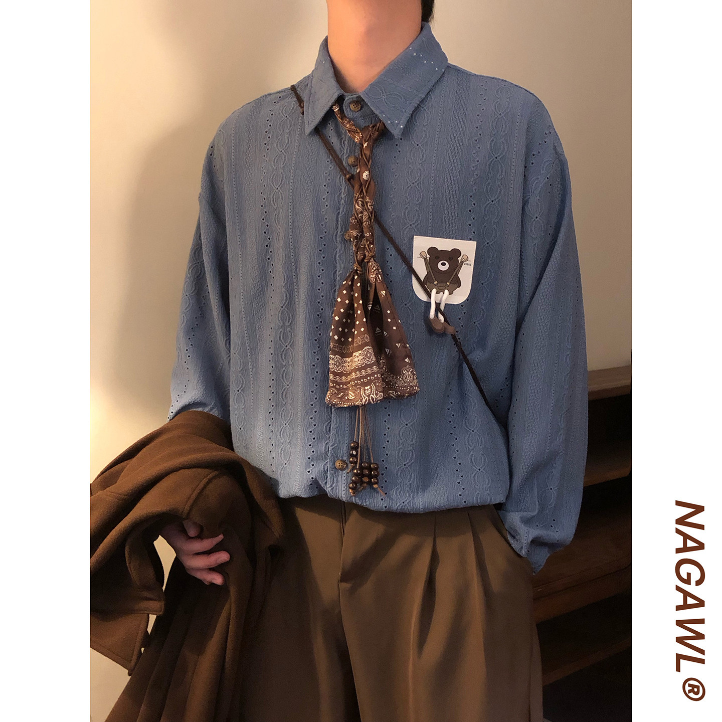 NAGAWL2026春季美式复古休闲风设计感自带领带宽松长袖衬衫男上衣