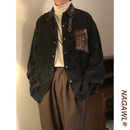 NAGAWL2026秋季复古做旧黑色牛仔夹克女宽松刺绣补丁长袖外套上衣