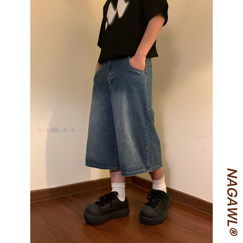 NAGAWL2026夏季美式复古可水洗竖纹牛仔短裤男宽松百搭潮牌七分裤