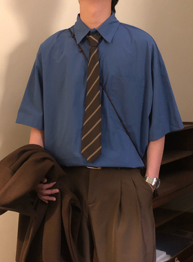 NAGAWL夏季美式复古学院风简约蓝色休闲宽松百搭短袖衬衫上衣男女