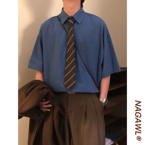 NAGAWL夏季美式复古学院风简约蓝色休闲宽松百搭短袖衬衫上衣男女