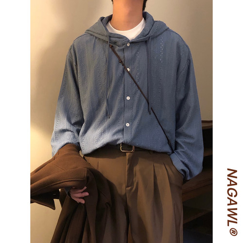 NAGAWL秋季日系复古慵懒风宽松百搭镂空肌理连帽长袖衬衫上衣外套