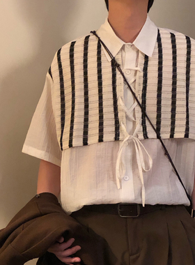 NAGAWL夏季日系复古百搭拼接条纹假两件宽松休闲短袖衬衫上衣男女