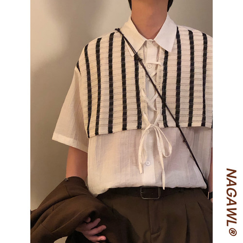 NAGAWL夏季日系复古百搭拼接条纹假两件宽松休闲短袖衬衫上衣男女