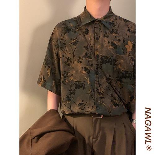 NAGAWL2026夏季美式复古做旧植物印花衬衫男宽松百搭潮牌短袖上衣