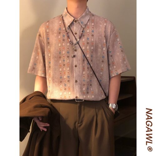 NAGAWL2026夏季日系cityboy民族风提花衬衫男垂感宽松款短袖上衣