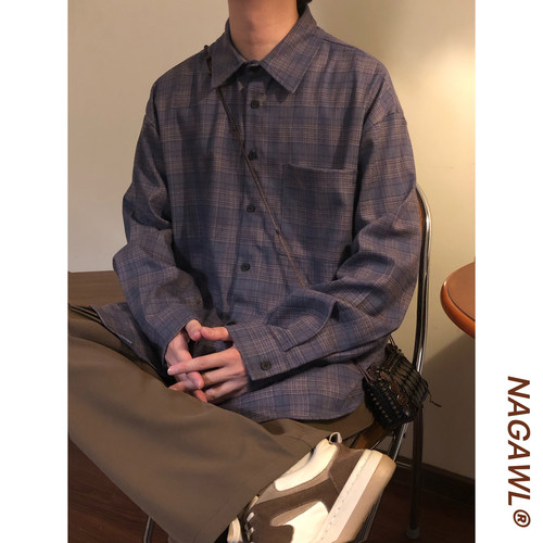 NAGAWL秋季日系复古慵懒风宽松休闲紫色格纹长袖衬衫上衣外套男女