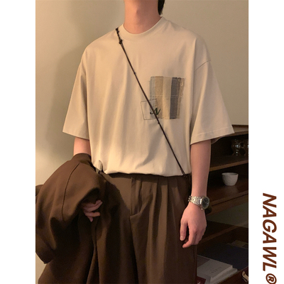 NAGAWL2025夏季新款日系复古贴布绣口袋设计感短袖T恤上衣男女潮