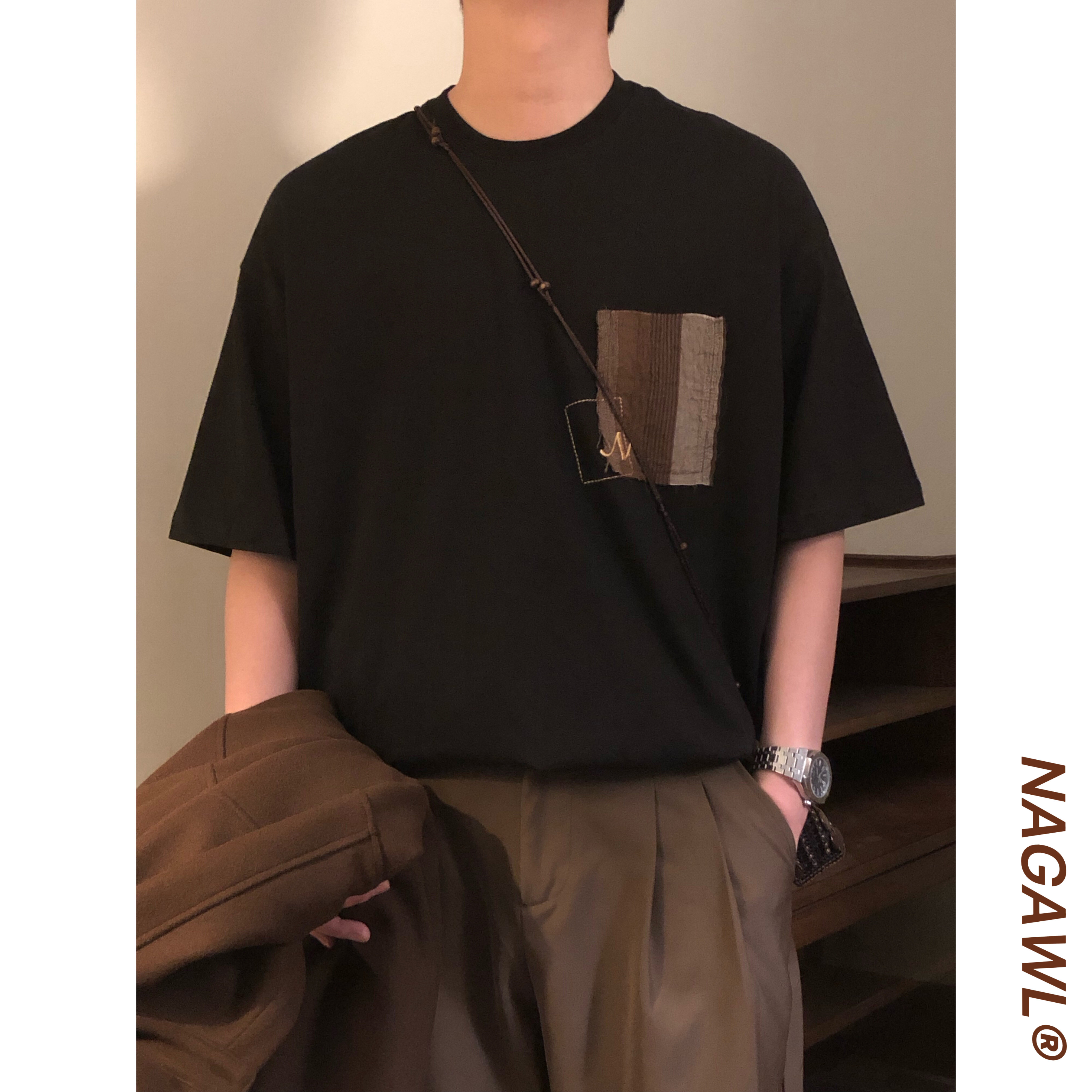 NAGAWL2026夏季美式拼布口袋短袖T恤男女复古学院风宽松潮牌上衣