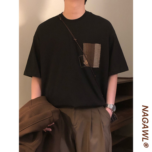 NAGAWL2026夏季美式拼布口袋短袖T恤男女复古学院风宽松潮牌上衣