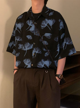 NAGAWL2025夏季新款美式复古满印港风蓝色花卉短袖衬衫上衣男女潮