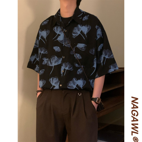 NAGAWL2025夏季新款美式复古满印港风蓝色花卉短袖衬衫上衣男女潮