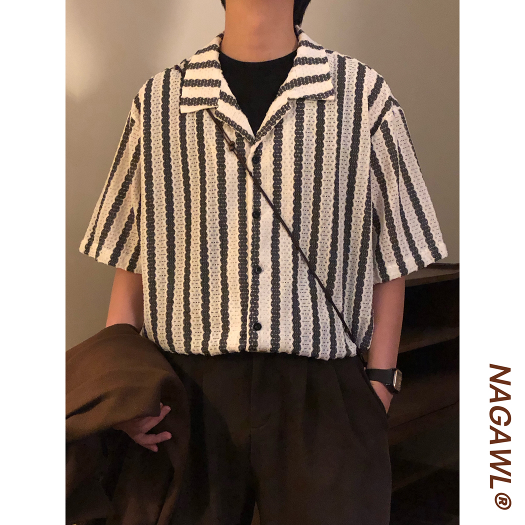 NAGAWL夏季日系复古百搭镂空撞色条纹宽松休闲翻领短袖衬衫上衣男
