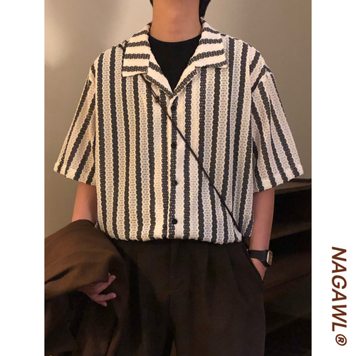 NAGAWL夏季日系复古百搭镂空撞色条纹宽松休闲翻领短袖衬衫上衣男
