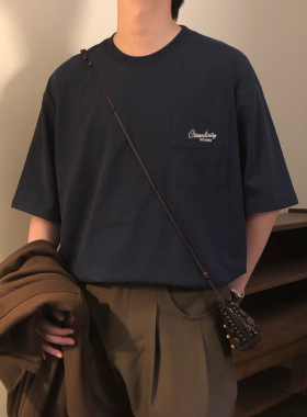 NAGAWL夏季美式复古街休闲宽松头设计感口袋圆领短袖T恤上衣男潮